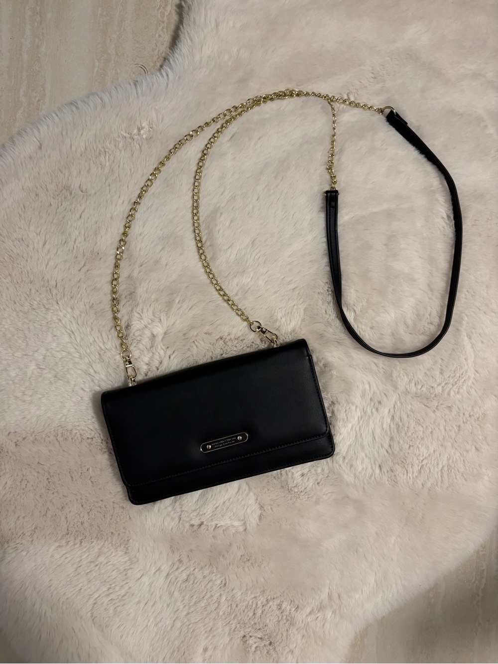 Black Leather Crossbody Bag with Gold Chain Strap